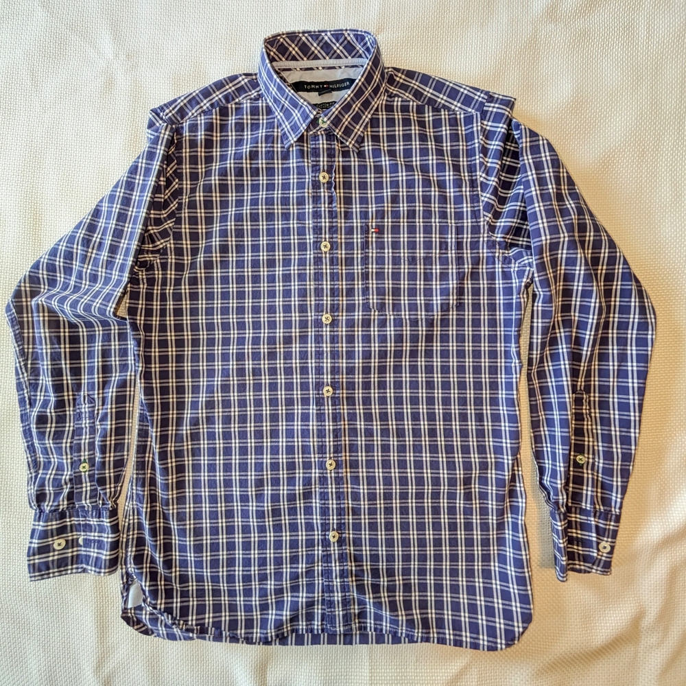 TOMMY HILFIGER Blue Checkered Men's Shirt; Sz. XS; Custom Fit; 100% Cotton